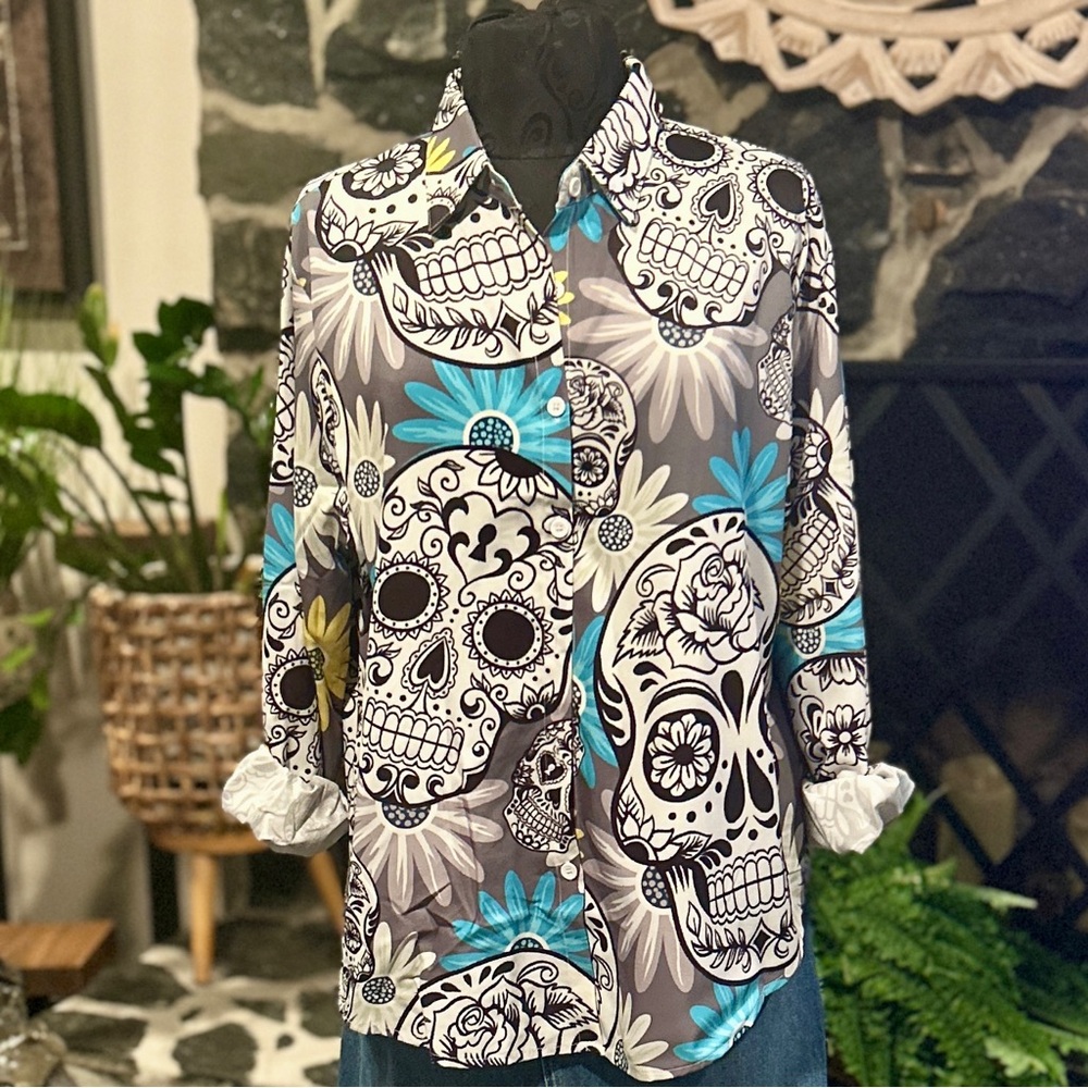 Skull & Floral Print Button-Down Blouse